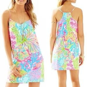 Lilly Pulitzer Dusk Colorful Neon ‘Lovers Coral’ Silk Mini Slip Dress Size M